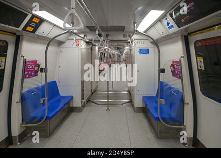 Singapore - December 3, 2019: Cabin interior of MRT train. The Mass Rapid Transit or MRT is a rapid transit system forming the major component of the Stock Photo