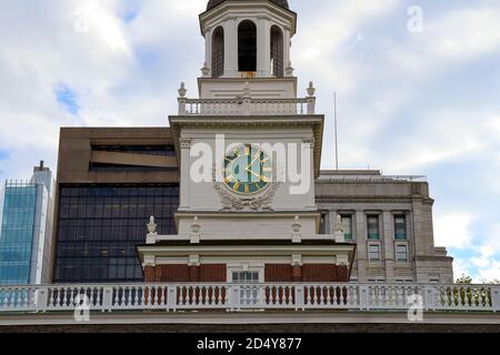 Close-up of the iconic clock tower of Independence Hall in Philadelphia, Pennsylvania. The clock is a replica of the 1753 Thomas Stretch clock. Stock Photo