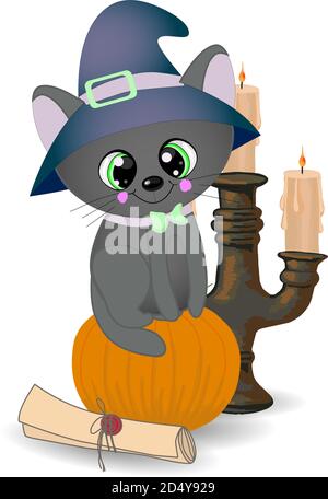 Halloween black cat in a magic cap. Composition for Halloween isolated on white background Stock Vector