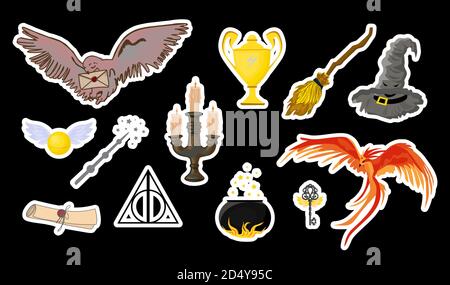 Halloween stickers. Magic items for Halloween. Magic and witchcraft. Hogwarts school of magic. Harry Potter. Stock Vector