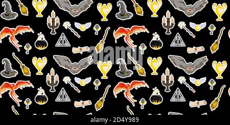 Halloween pattern. Magic items for Halloween. Magic and witchcraft. Hogwarts school of magic. Harry Potter. pattern for teens. Stock Vector