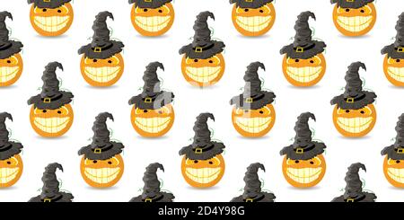 Halloween background. Halloween pattern seamless vector. Funny pumpkin in a magic hat. Magic and witchcraft Stock Vector