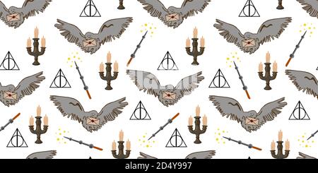 Mystical seamless background. Flying broom. Magic and witchcraft pattern. Pattern for teenagers Stock Vector