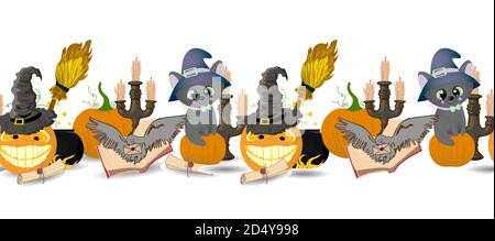 Halloween seamless border. Hilarious funny pumpkins and magic items. Stock Vector