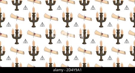 Mystical seamless background. Antique brass candlesticks, manuscripts and scrolls. Magic and witchcraft pattern. Stock Vector