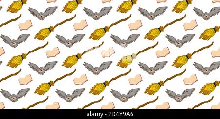 Mystical seamless background. Old scrolls. Owl Hedrick. Flying broom. Magic and witchcraft pattern. Pattern for teenagers Stock Vector