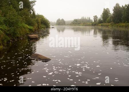 The autumn mornings are misty over the river at the Northern Finland. The river flows slowly by the rocks. Stock Photo