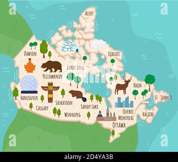 Cartoon map of Canada. Travel illustration with canadian landmarks, buildings, food and plants. Funny tourist infographics. National symbols. Famous Stock Vector