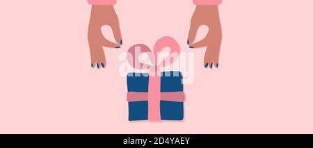 Vector illustration. Greeting web banner with two female hands and gift box tired a pink bow. Central composition.  Stock Vector
