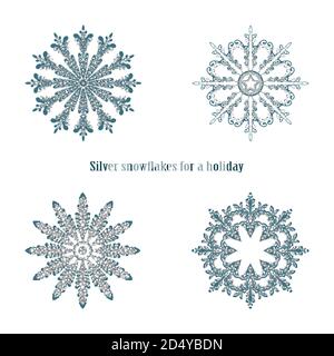 Vector illustration of snowflakes with silver glittering texture Stock Vector