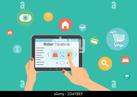 Tablet pc with buy button on the screen. E-commerce flat design concept. Using tablet pc for online purchasing. Eps 10 vector Stock Vector