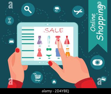 Tablet pc with buy button on the screen. E-commerce flat design concept. Using tablet pc for online purchasing. Eps 10 vector Stock Vector