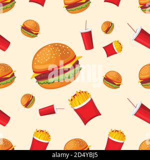 Vector seamless pattern of fries, coca-cola and hamburger. Cute fast food. Stock Vector