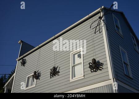 Halloween spider decorations on a residential house. Stock Photo