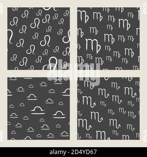 Vector set of seamless patterns with white zodiac signs on black background. Four Horoscope symbols: leo, virgo, libra, scorpio. Stock Vector