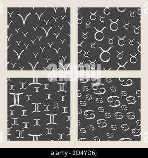 Vector set of seamless patterns with white zodiac signs on black background. Four Horoscope symbols: aries, taurus, gemini, cancer. Stock Vector