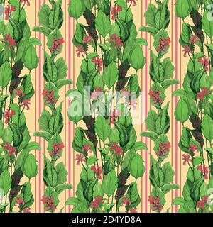 Seamless tropical pattern. Leaves palm tree illustration. Modern graphics. Red Canna, a floral tropical pattern with stripes Stock Vector