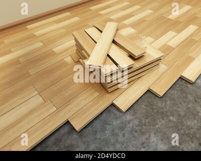 3D illustration of parquet installation process. 3D illustration. Stock Photo