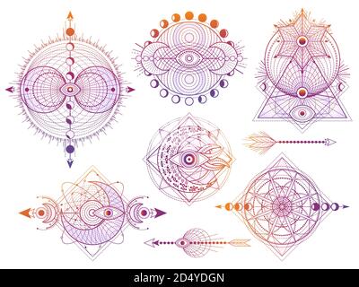 Vector set of Sacred geometry symbols with moon, sun, eye and arrows on white background. Abstract mystic signs collection. Colored linear shapes. For Stock Vector