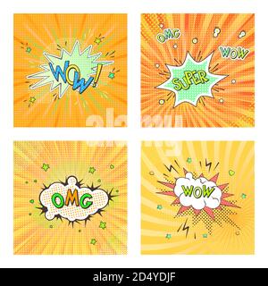 Set of four pop art backgrounds with speech bubble and text OMG, WOW, SUPER. Comic book retro style imitation. Vector bright illustration. Stock Vector