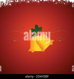 Red Festive Square Christmas Background With Snow And Two Golden Bells Attached By Green Holly Leaves And Berries On Floral Abstract Design Stock Vector
