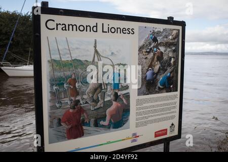 Site of the discovery of the 'Cramond Lioness' Roman sculpture, on the waterfront of the River Almond in Cramond, Scotland, 4 October 2020. Stock Photo