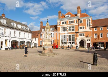 Historic buildings in the town Market Square, Saffron Walden, Essex, England, UK Stock Photo