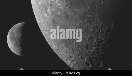 London, UK. 10 October 2020. Composite image of Last Quarter Moon phase, 45% illuminated, and detailed closeup of south western limb with Mare Humorum, top centre and large crater Clavius lower right. Credit: Malcolm Park/Alamy Stock Photo