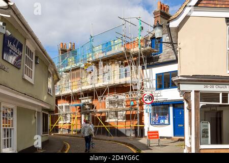 Scaffolding on historic building in Museum Street, Saffron Walden, Essex, England, UK Stock Photo