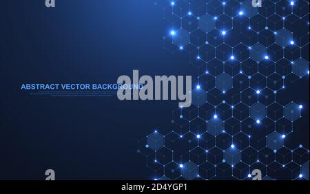Technology abstract lines and dots connect background with hexagons. Hexagons connection digital data and big data concept. Hex digital data Stock Vector