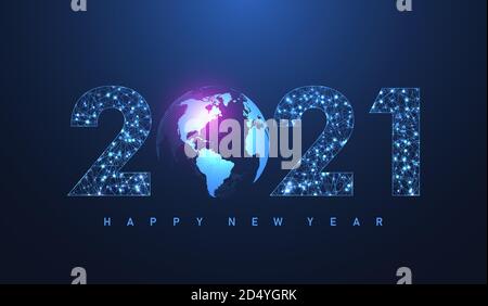 Modern futuristic technology template for Merry Christmas and Happy New Year 2021 with connected lines and dots. Plexus geometric effect. Global Stock Vector