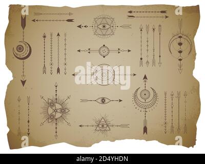 Vector set of Sacred symbols arrows, moon and eye on old paper background with torn edges. Abstract mystic signs collection drawn in lines. For you de Stock Vector