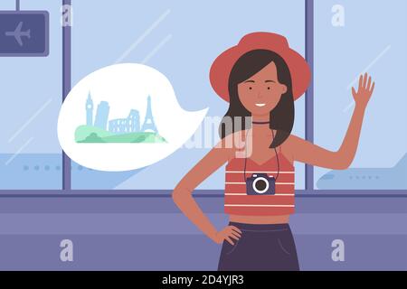 Happy girl in airport vector illustration. Cartoon young traveller woman standing in airport terminal hall interior and waving, tourist dreaming about travelling destination vacation background Stock Vector