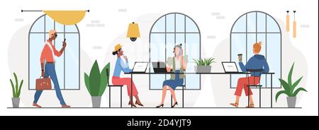 Coworking office workplace vector illustration. Cartoon busy business worker people working with laptops, sitting in comfortable trendy room interior, modern open space for work isolated on white Stock Vector