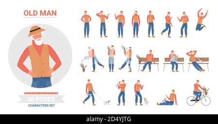 Old man poses infographic vector illustration set. Cartoon elderly bearded hipster character posing, standing and jumping, walking with dog and sitting on bench, posture collection isolated on white Stock Vector