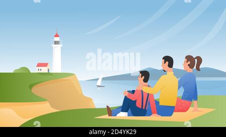Family people enjoy nature landscape and lighthouse view vector illustration. Cartoon mother, father and child characters sitting on green grass sea shore, enjoying seascape with beacon background Stock Vector