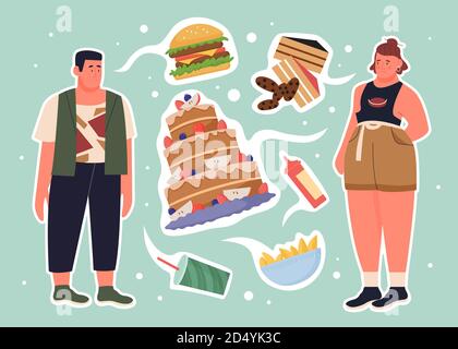 People dream of unhealthy food vector illustration. Cartoon fat sad man woman characters dreaming about cake and cola drink, burger, thought of fastfood and sweet junk food concept creative background Stock Vector