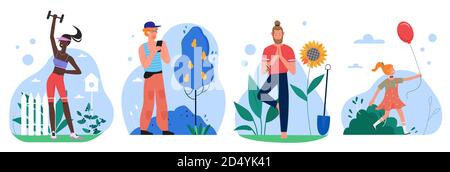People in garden vector illustration set. Cartoon flat fitness girl character doing sport exercises, yogist standing in yoga pose asana after gardening, child playing with balloon isolated on white Stock Vector