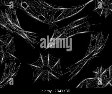 Collection of white cobweb isolated on dark background. Intricate spider web, halloween concept. 3d vector illustration. Stock Vector