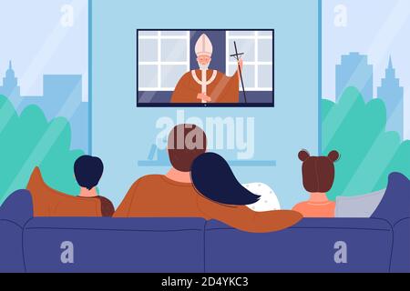 Family people watch church religion tv news vector illustration. Cartoon flat mother father and children characters watching religious sermon television channel, sitting on sofa together background Stock Vector