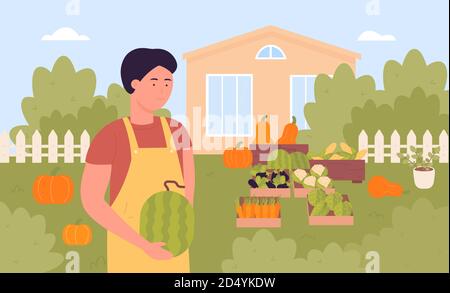 Farmer with harvest vector illustration. Cartoon man gardener character holding watermelon in hands, harvesting and standing next to boxes full of vegetables in farm house village scenery background Stock Vector