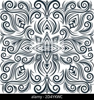 Vector abstract black and white ornament, curve swirls seamless pattern with flowers and curls, line ethnic drawing. Vintage traceries for fabric Stock Vector