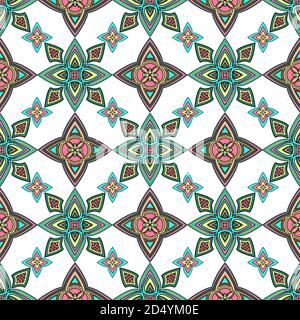 Abstract colorful ornament, oriental curve swirls seamless pattern with flowers and curl, openwork. Multicolored tracery on white background, for Stock Vector