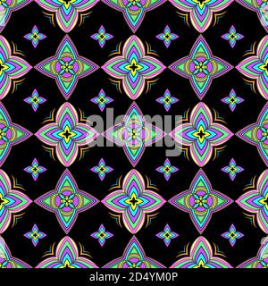 Abstract colorful ornament, oriental curve swirls seamless pattern with flowers and curl, openwork. Multicolored tracery on black background, for Stock Vector