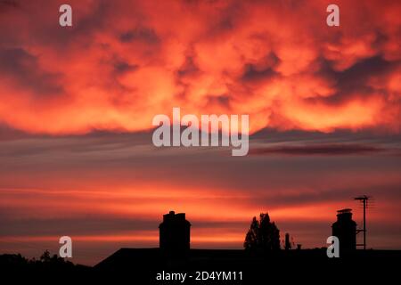 UK Weather: 12 October 2020. Dramatic and colourful clouds lit by the rising sun above rooftops in London SW19, UK Stock Photo