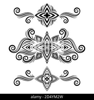 Set of vector abstract ornament, curve swirls patterns with flowers and curls, line ethnic drawing. Black vintage traceries isolated on white Stock Vector