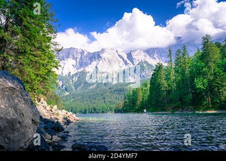 Hiking on the banks of the Eibsee in Bavaria Germany Stock Photo