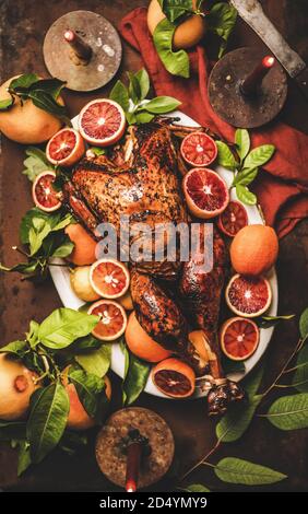 Christmas or Thanksgiving Day dinner with roasted turkey and candles Stock Photo