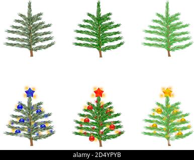 Set of christmas and new year trees ordinary and decorated Stock Vector