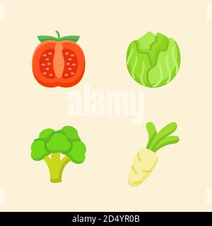 Vegetables icon set collection tomato cabbage brocolli radish white isolated background with color flat cartoon style Stock Vector